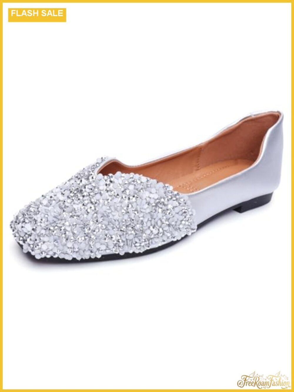 Rhinestone Square Toe Ballet Flats PU Leather Slip On Low Heel Dress Shoes